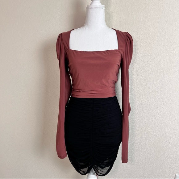 NWT Marsala Brown Puff Sleeve Square Neck Lace Up Long Sleeve Crop Top - Picture 8 of 15